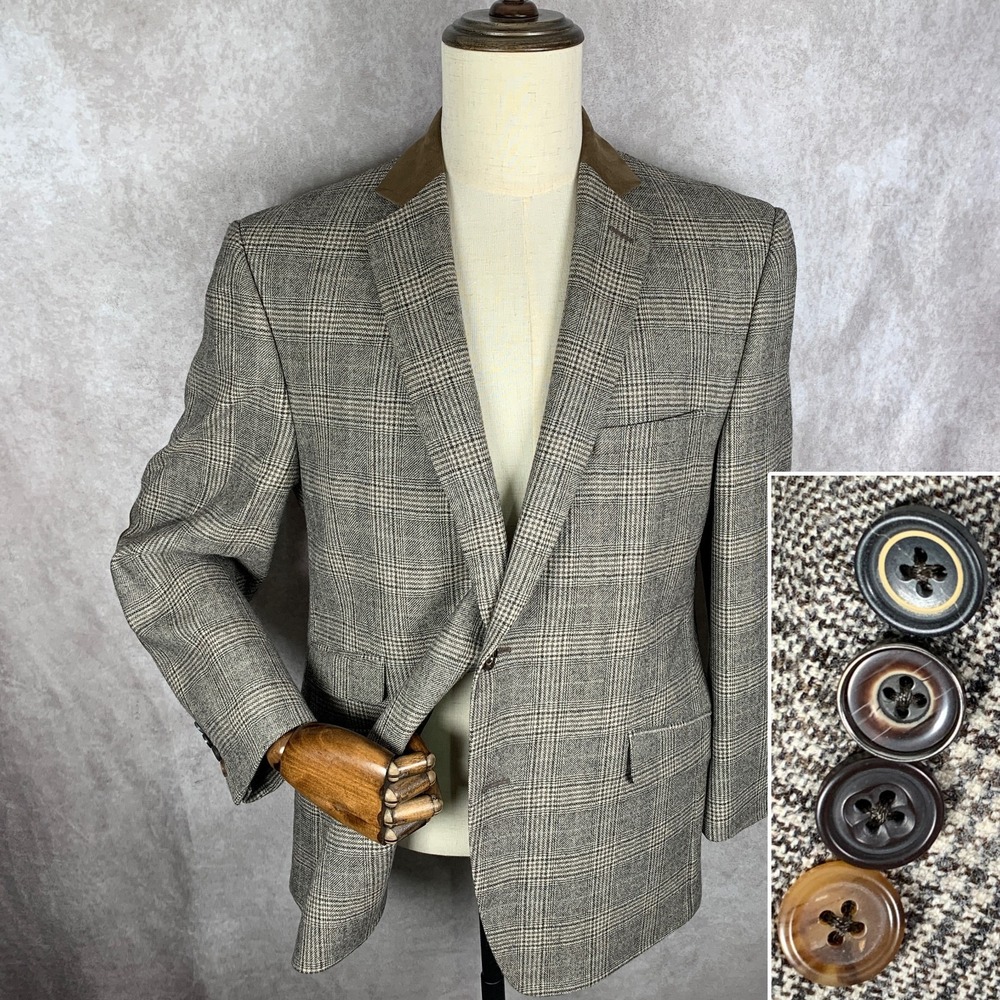 Tallia Blazer Jacket Men 42R Brown Glen Plaid Elbow Patches Old Money Sport Coat